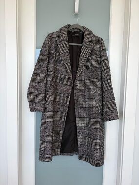 Zara Double-Breasted Plaid Pea Coat in Gray and Black